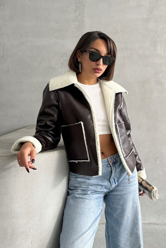 CoffeeLaminated Leather Zippered Coat - Producer: Topshow - Wholesale Women Clothes - TheBS Women