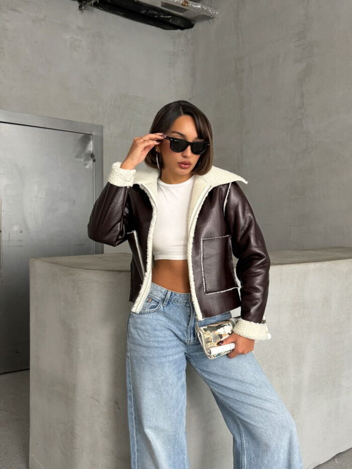 CoffeeLaminated Leather Zippered Coat - Producer: Topshow - Wholesale Women Clothes - TheBS Women