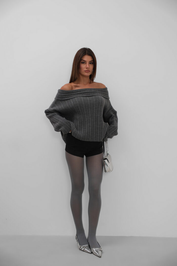 Boat Neck Ribbed Knit Sweater - Gray - Producer: Black Fashion - Wholesale Women Clothes - TheBS Women