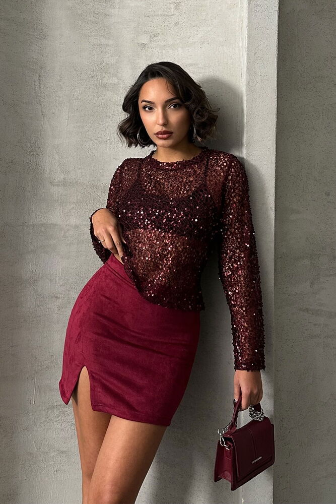 Burgundy Sequin Lace Wholesale Blouse - Producer: Topshow - Wholesale Women Clothes - TheBS Women