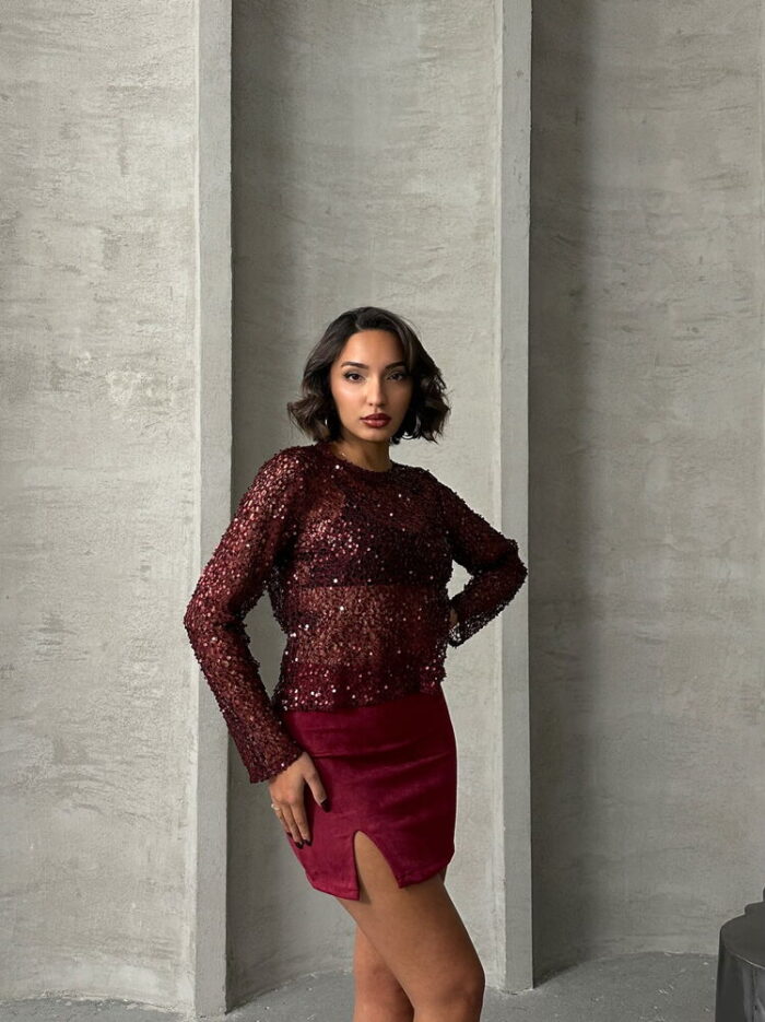 Burgundy Sequin Lace Wholesale Blouse - Producer: Topshow - Wholesale Women Clothes - TheBS Women