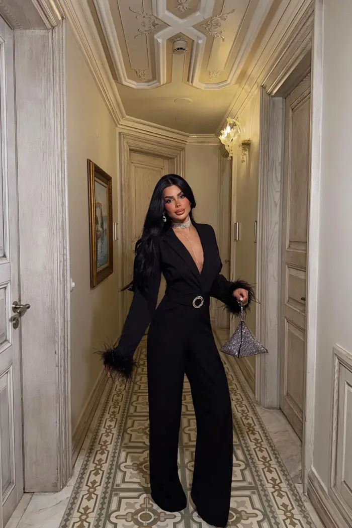 Feather Detailed Belted Jumpsuit - Producer: EYYO ATELIER - Wholesale Women Clothes - TheBS Women