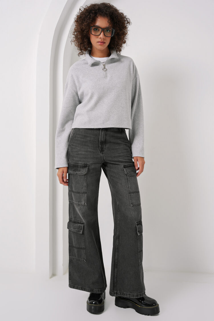 Zipper Collar Knitted Sweatshirt - Gray - Producer: Bigdart - Wholesale Women Clothes - TheBS Women