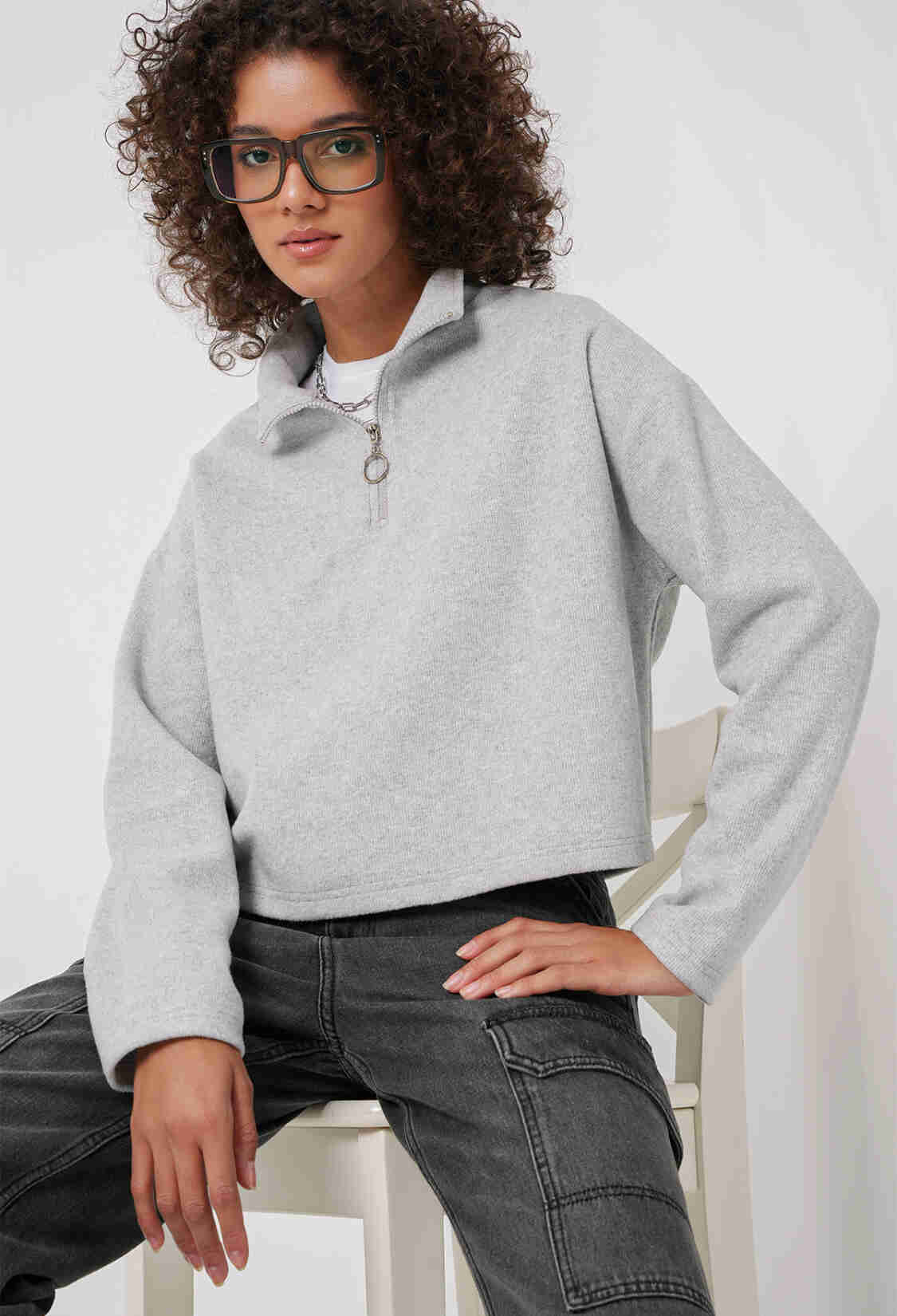 Zipper Collar Knitted Sweatshirt - Gray - Brand: Bigdart - Women & Kids, Baby Clothes Wholesale - TheBS Women
