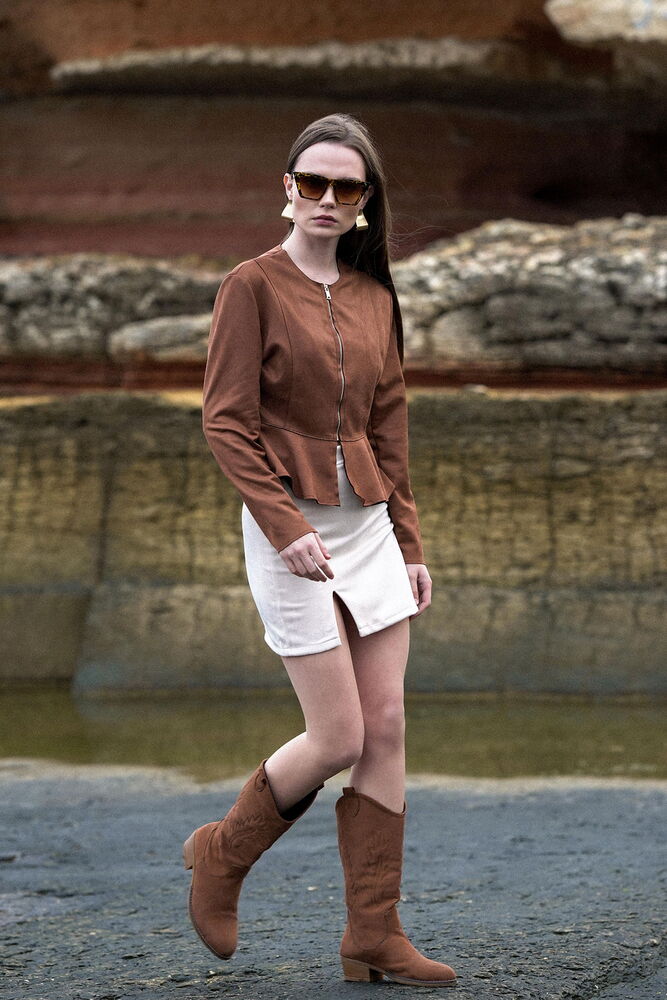 Tan Suede Zippered Wholesale Blouse - Producer: Topshow - Wholesale Women Clothes - TheBS Women