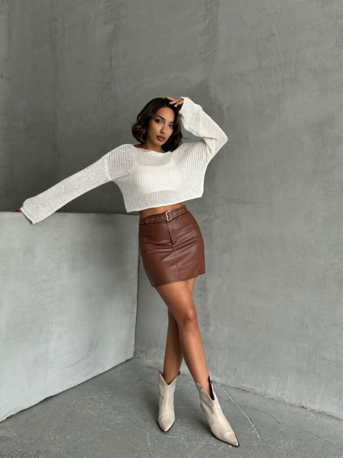 Leather Belted Skirt - Tan - Producer: Topshow - Wholesale Women Clothes - TheBS Women