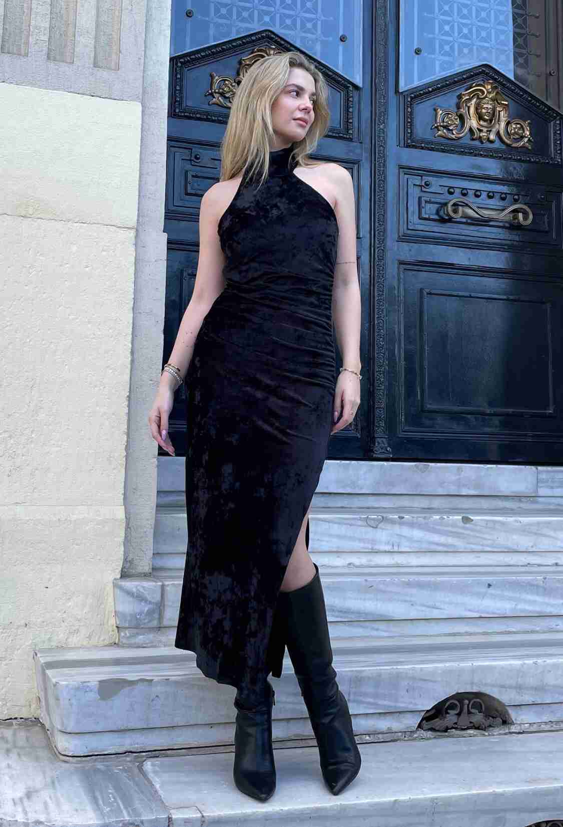 Asymmetrical Collar Velvet Midi Dress Black - Brand: Juste - Women & Kids, Baby Clothes Wholesale - TheBS Women
