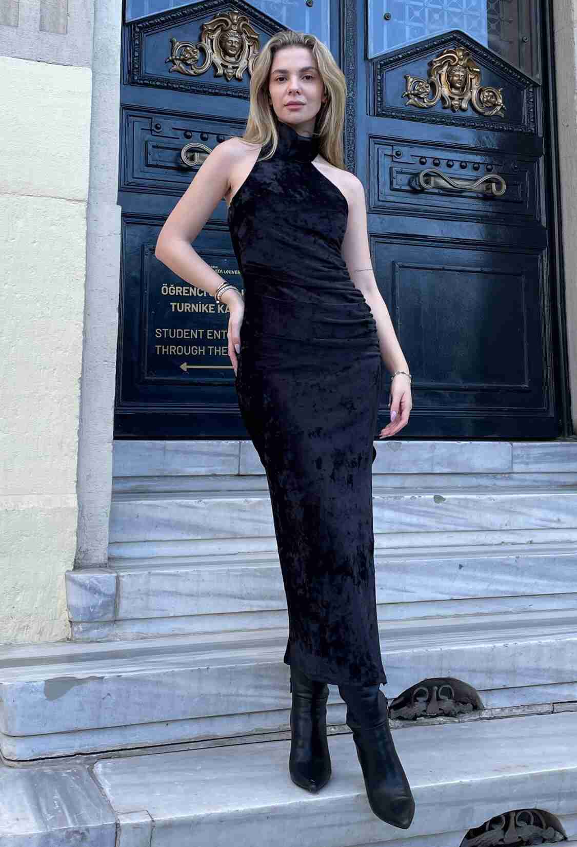 Asymmetrical Collar Velvet Midi Dress Black - Brand: Juste - Women & Kids, Baby Clothes Wholesale - TheBS Women