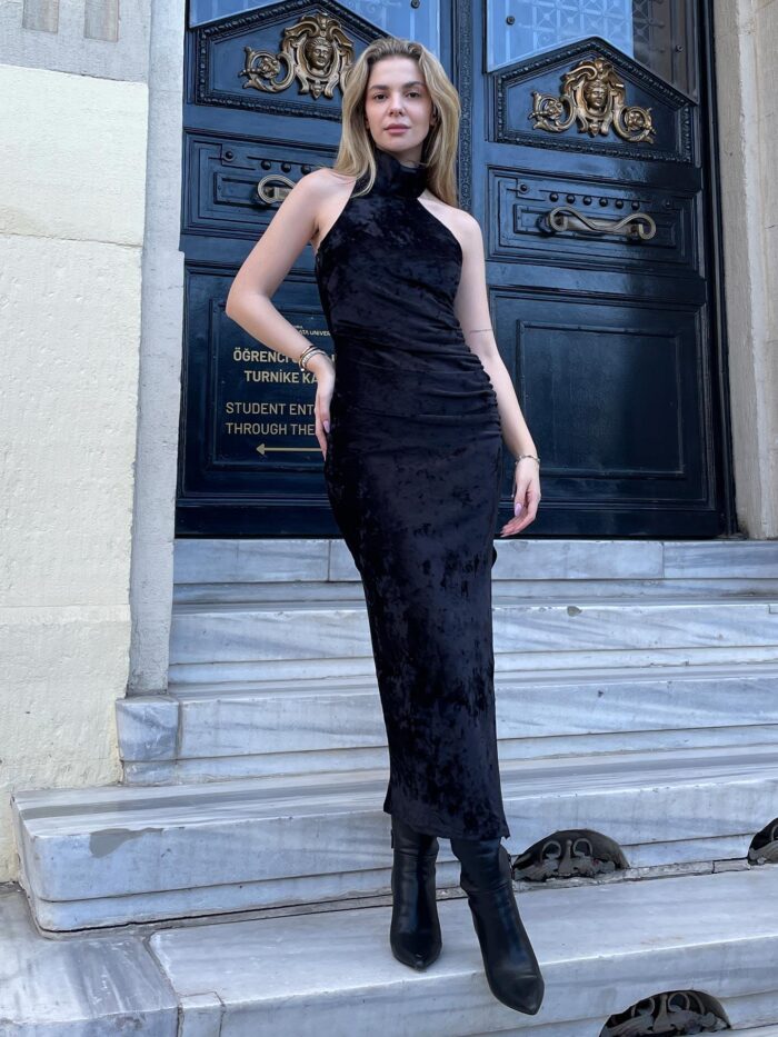 Asymmetrical Collar Velvet Midi Dress Black - Producer: Juste - Wholesale Women Clothes - TheBS Women