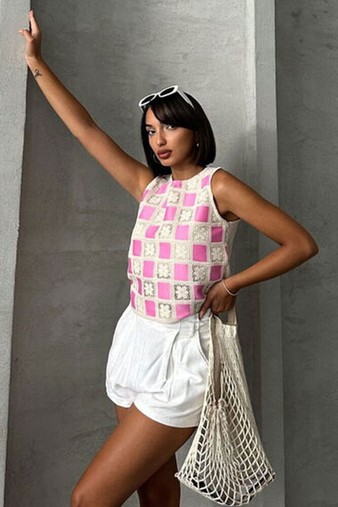 RawSleeveless Checkerboard Pattern Crochet Blouse - Producer: Topshow - Wholesale Women Clothes - TheBS Women