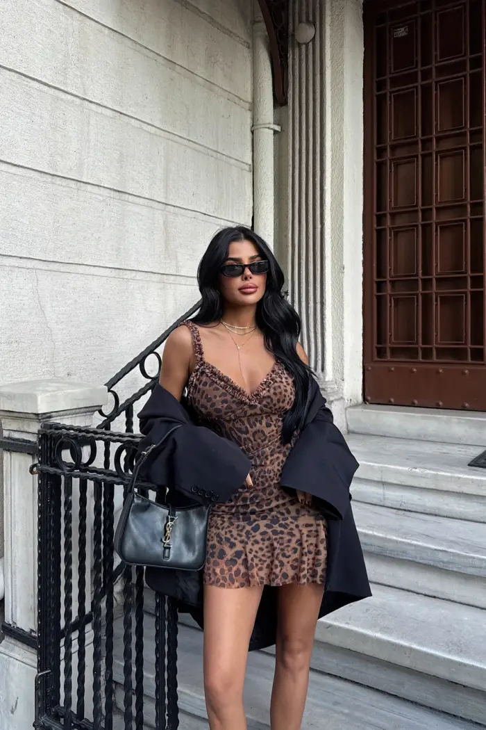 Leopard Print Mini Tulle Dress - Brown - Producer: EYYO ATELIER - Wholesale Women Clothes - TheBS Women