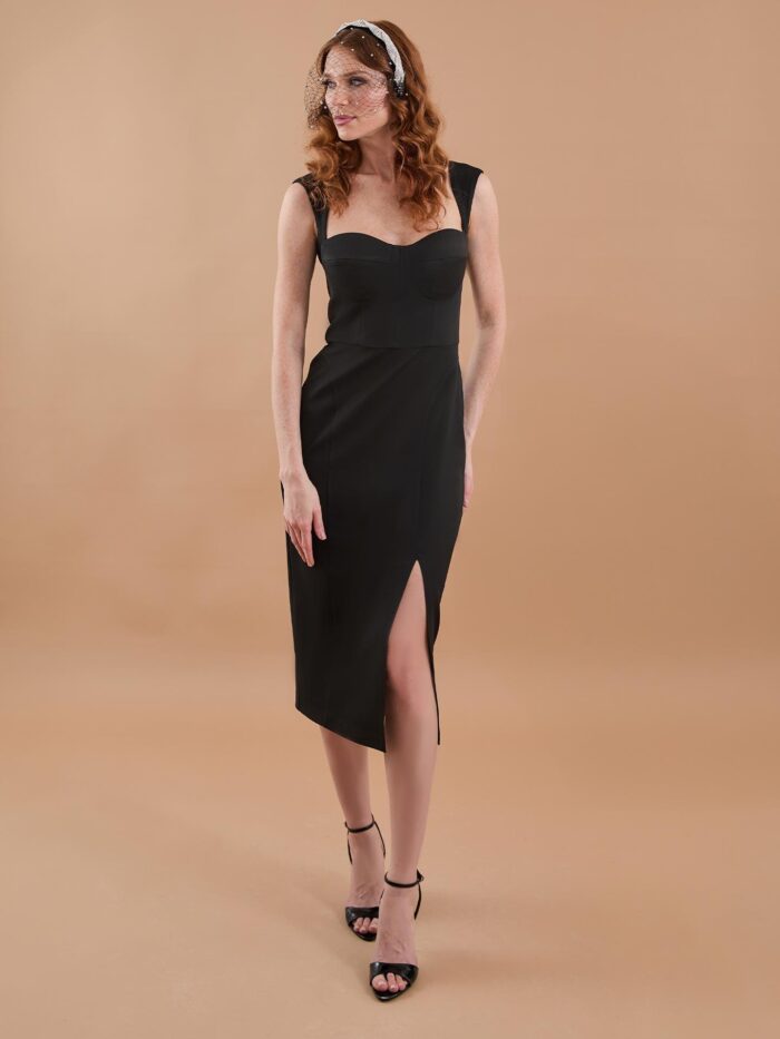 Slit Detail Heart Neckline Midi Dress Black - Producer: Juste - Wholesale Women Clothes - TheBS Women