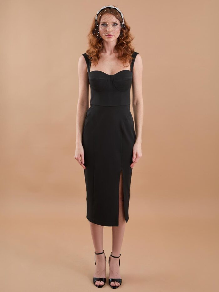 Slit Detail Heart Neckline Midi Dress Black - Producer: Juste - Wholesale Women Clothes - TheBS Women