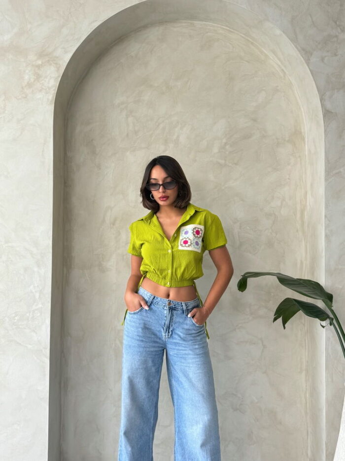 PistachioWaist Sleeve End Elastic Embroidered Pockets Wholesale Shirt - Producer: Topshow - Wholesale Women Clothes - TheBS Women