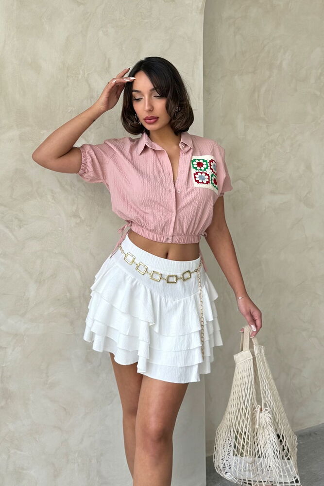 Elastic Waistband Embroidered Pocket Shirt - Powder - Producer: Topshow - Wholesale Women Clothes - TheBS Women