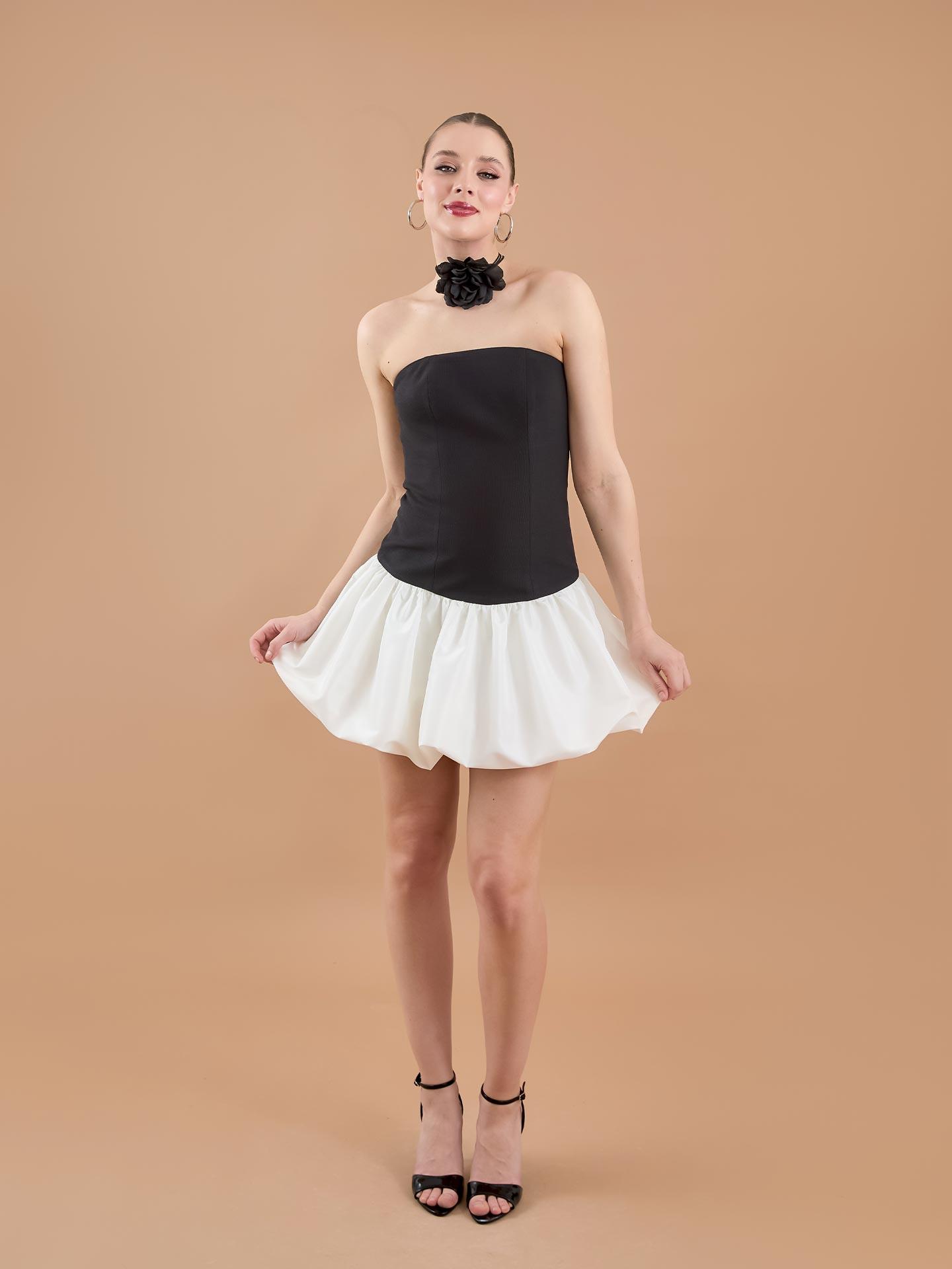 Strapless Collar Balloon Skirt Mini Dress Black-white - Producer: Juste - Wholesale Women Clothes - TheBS Women