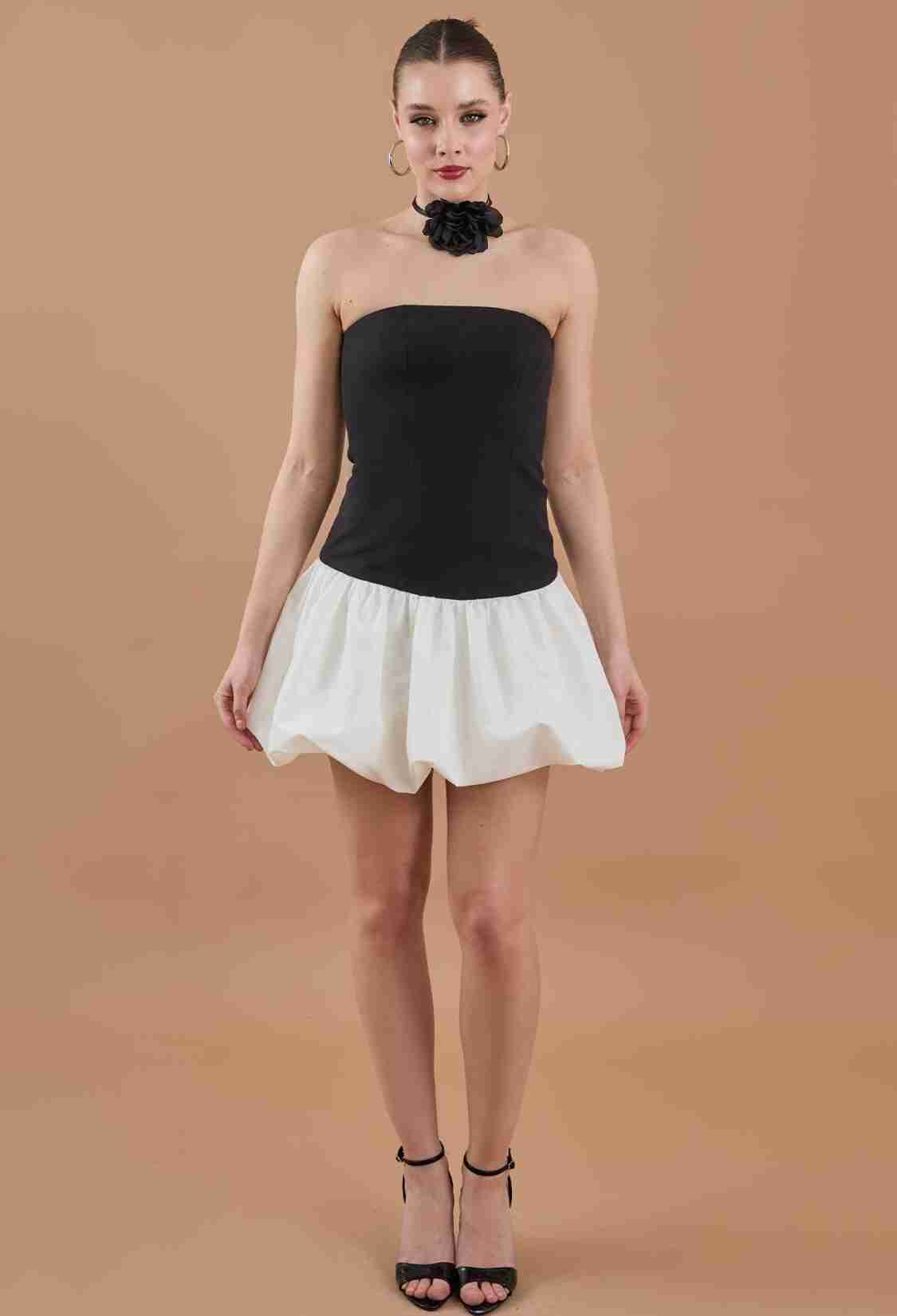 Strapless Collar Balloon Skirt Mini Dress Black-white - Brand: Juste - Women & Kids, Baby Clothes Wholesale - TheBS Women
