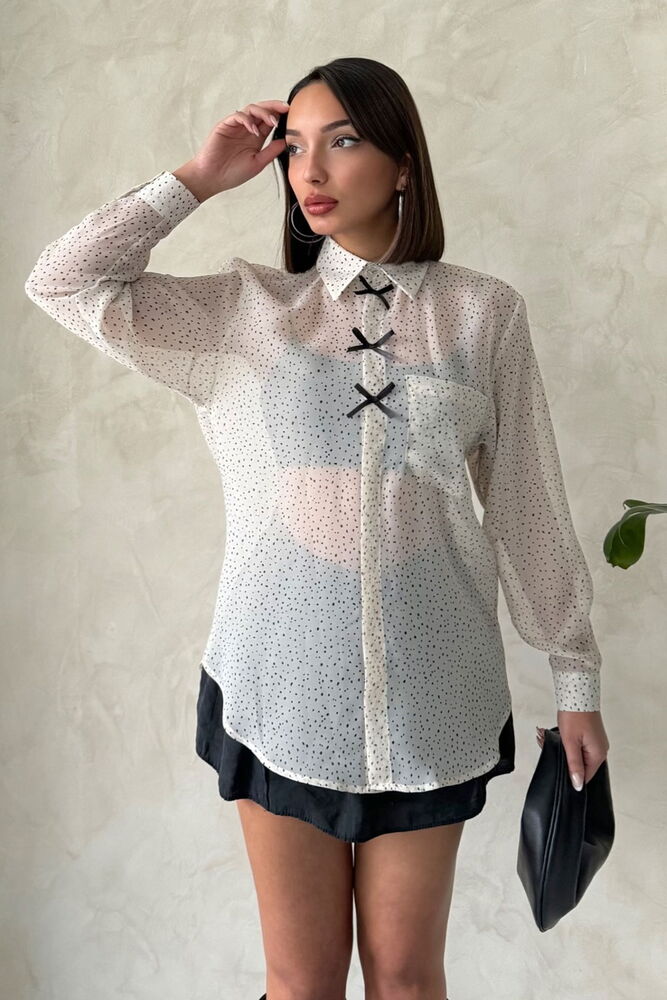 Bow Detailed Polka Dot Chiffon Shirt - Producer: Topshow - Wholesale Women Clothes - TheBS Women