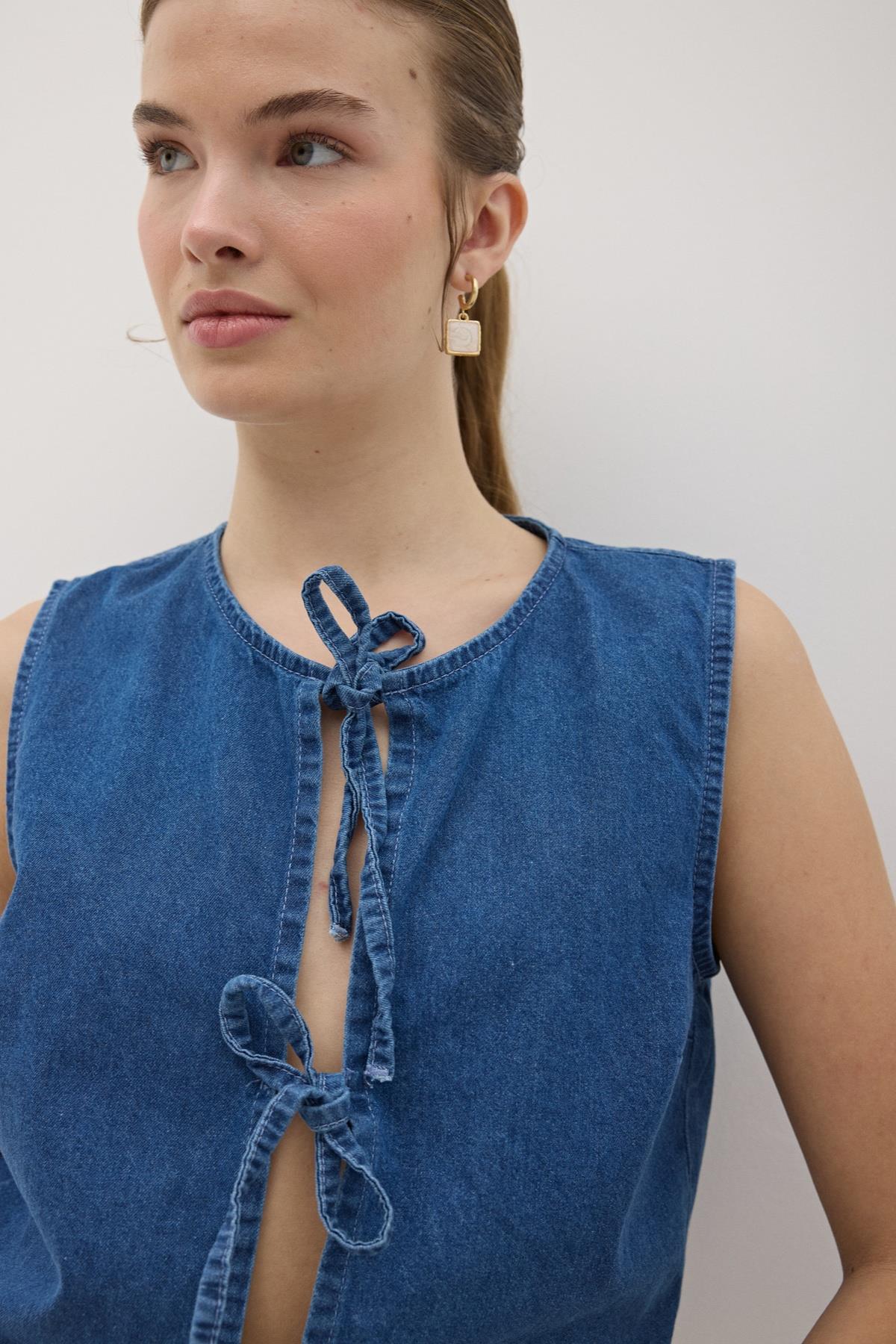 Front Tie Sleeveless Denim Vest Dark Blue – Brand: Levure – Women & Kids, Baby Clothes Wholesale – TheBS Women