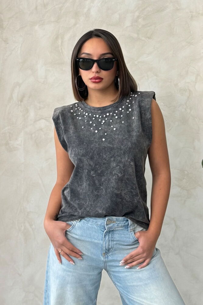 Stone Detailed Wash Blouse - Black - Producer: Topshow - Wholesale Women Clothes - TheBS Women