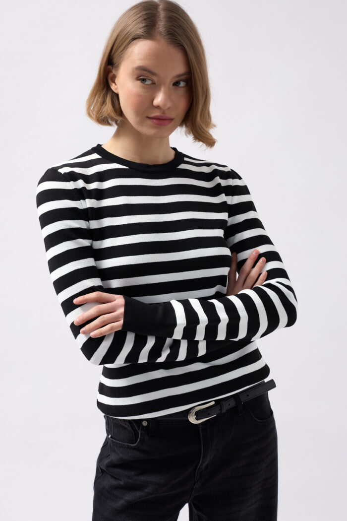 Crew Neck Striped Blouse - White - Producer: Black Fashion - Wholesale Women Clothes - TheBS Women