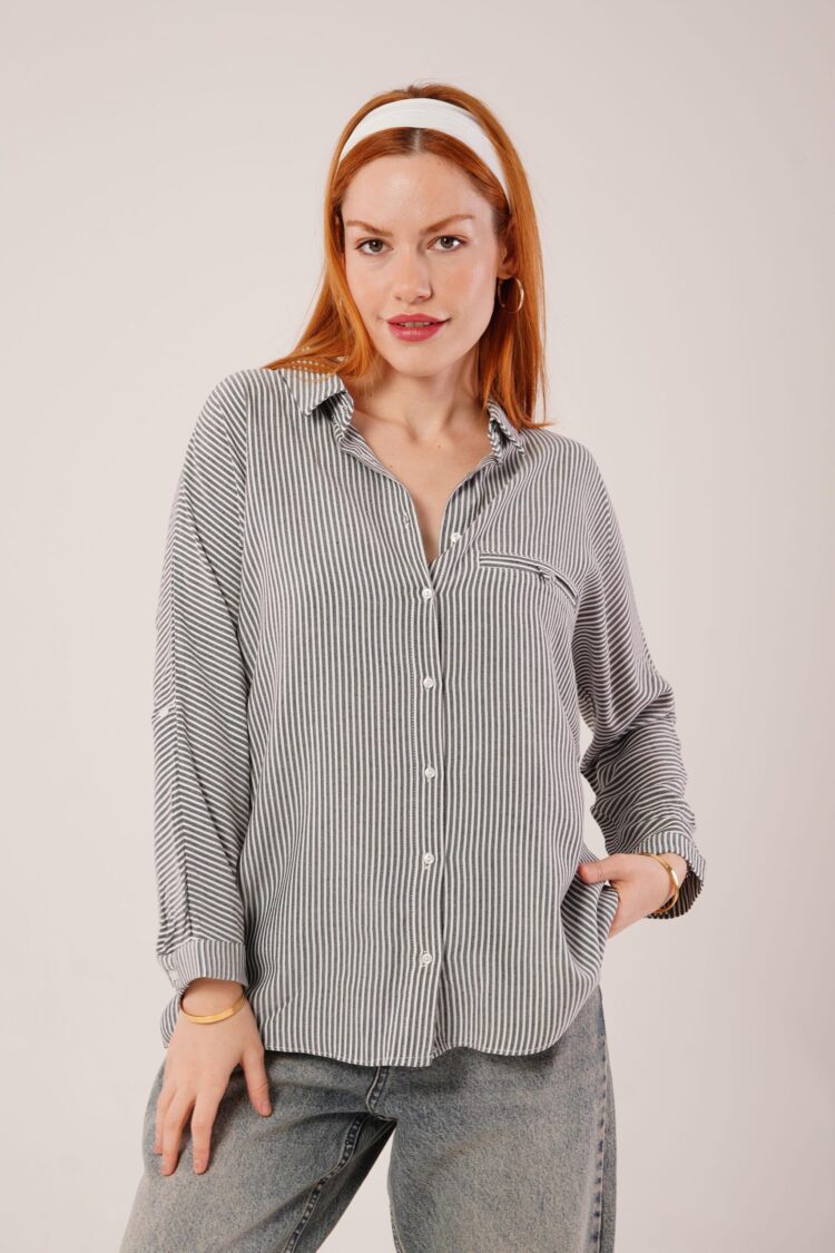 Pocket Detail Striped Oversize Shirt - Gray - Producer: Lustrin - Wholesale Women Clothes - TheBS Women
