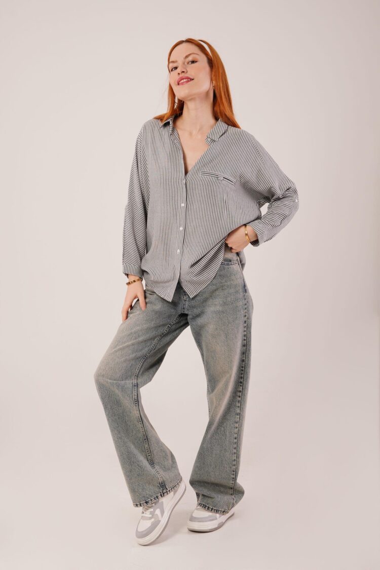 Pocket Detail Striped Oversize Shirt - Gray - Producer: Lustrin - Wholesale Women Clothes - TheBS Women