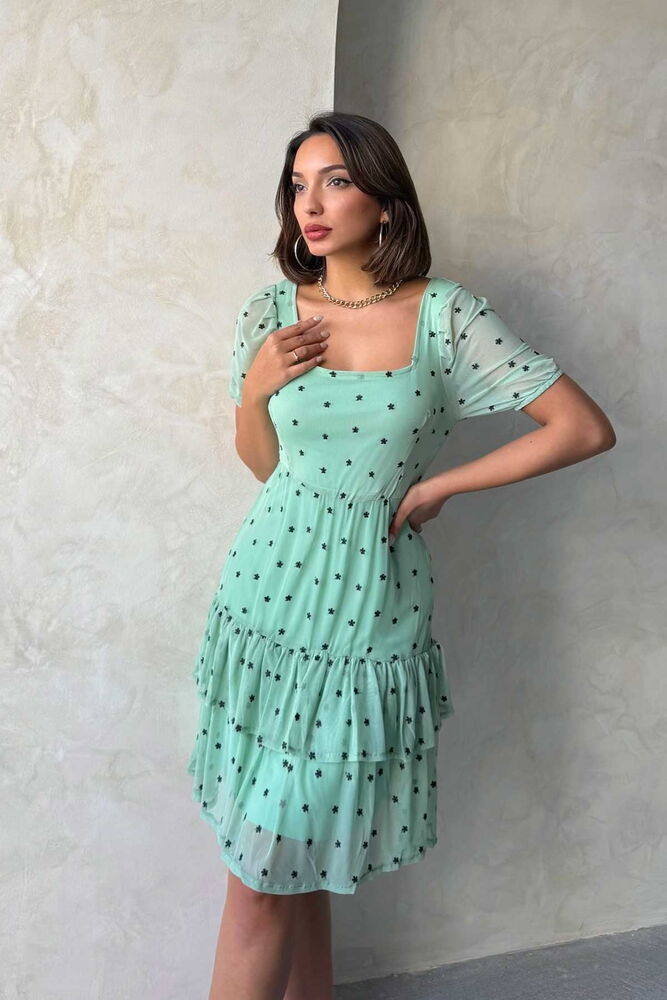 Çağla Kayak Collar Floral Wholesale Skirt Ruffle Short Sleeve Wholesale Dress - Producer: Topshow - Wholesale Women Clothes - TheBS Women
