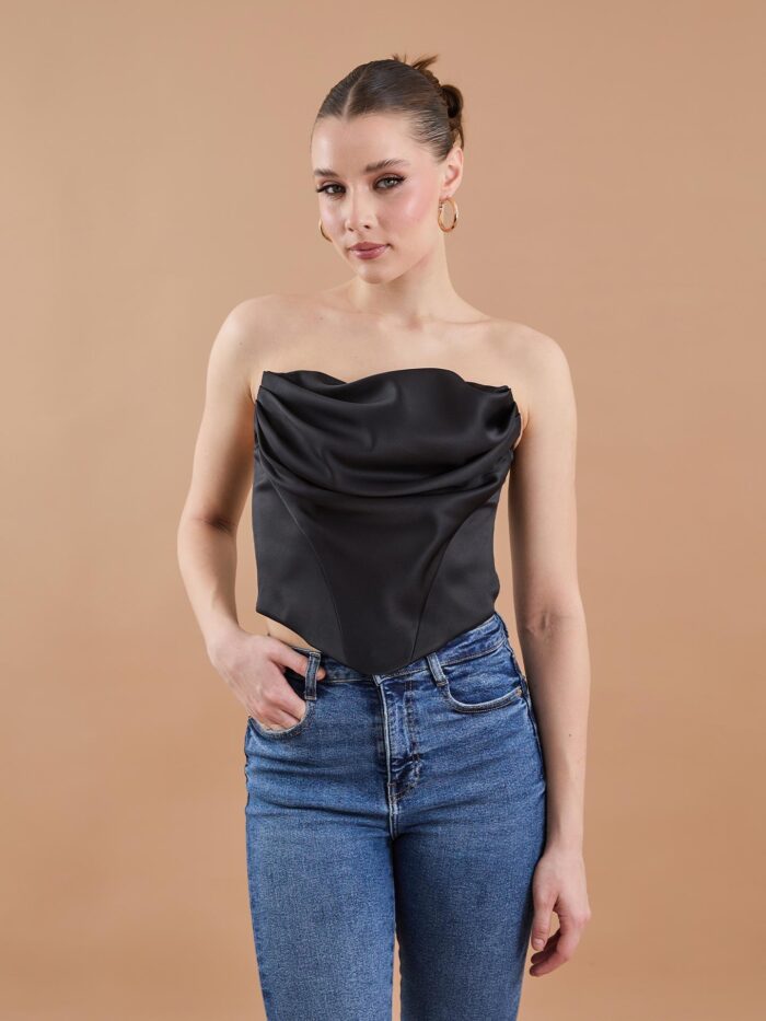 Satin Ruffle Detailed Bustier Black - Producer: Juste - Wholesale Women Clothes - TheBS Women