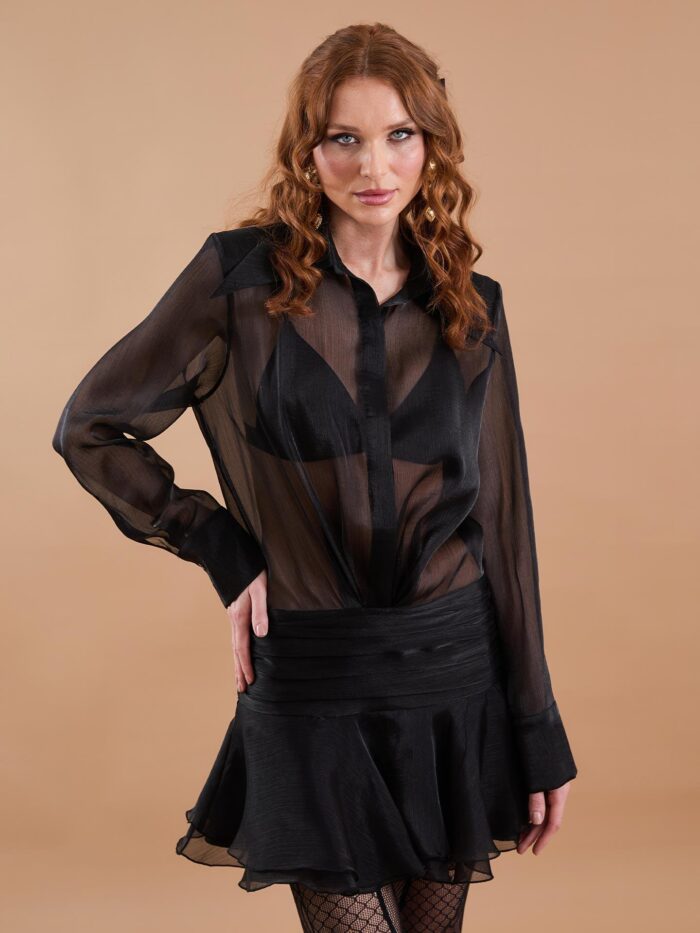 Organza Draped Ruffle Mini Dress Black - Producer: Juste - Wholesale Women Clothes - TheBS Women