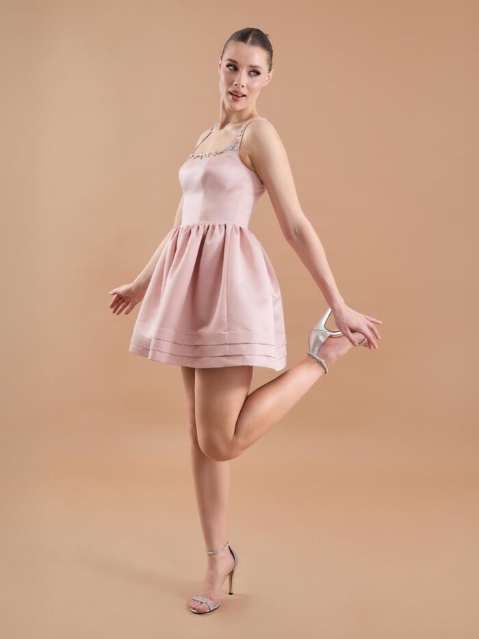Satin Hand Embroidered Flared Mini Dress - Powder - Producer: Juste - Wholesale Women Clothes - TheBS Women
