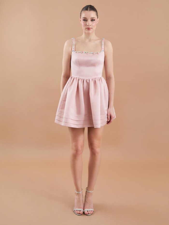 Satin Hand Embroidered Flared Mini Dress - Powder - Producer: Juste - Wholesale Women Clothes - TheBS Women