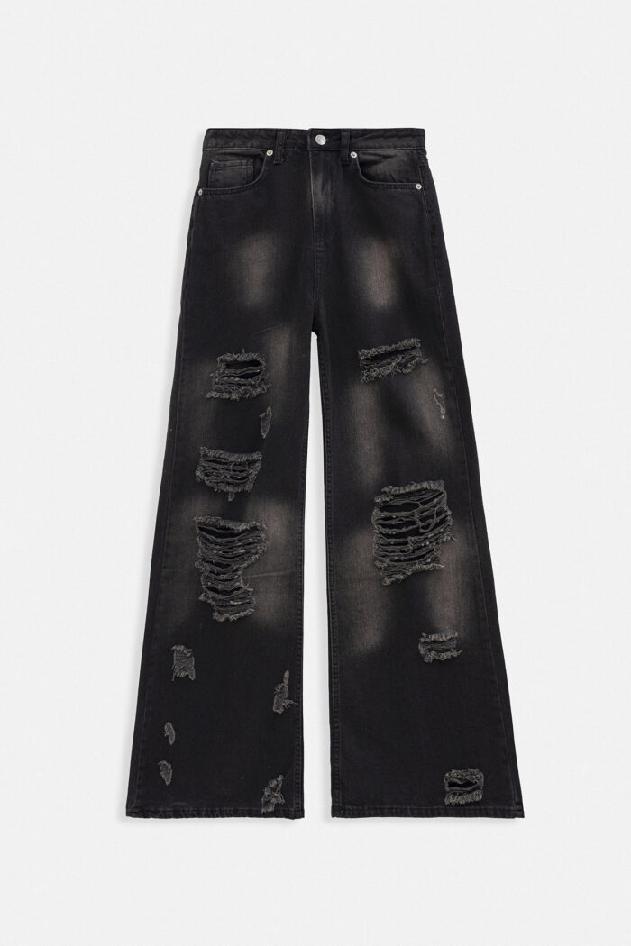 Laser Cut Wide Leg High Waist Jean - Snow Wash Smoked - Producer: Black Fashion - Wholesale Women Clothes - TheBS Women