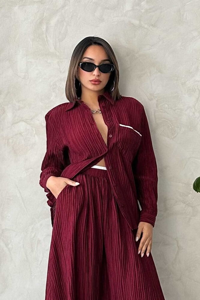Back Bow Detailed Pleated Shirt - Burgundy - Producer: Topshow - Wholesale Women Clothes - TheBS Women