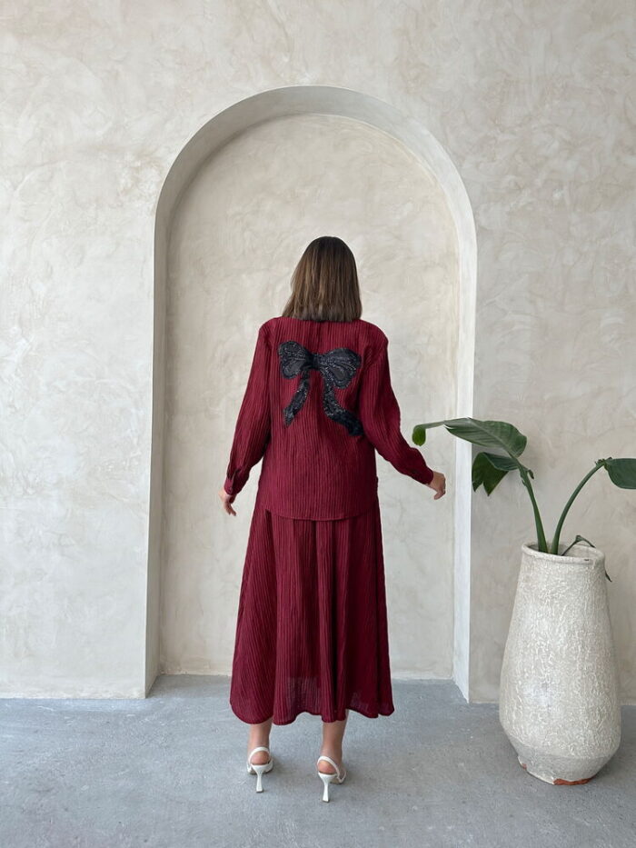 Back Bow Detailed Pleated Shirt - Burgundy - Producer: Topshow - Wholesale Women Clothes - TheBS Women