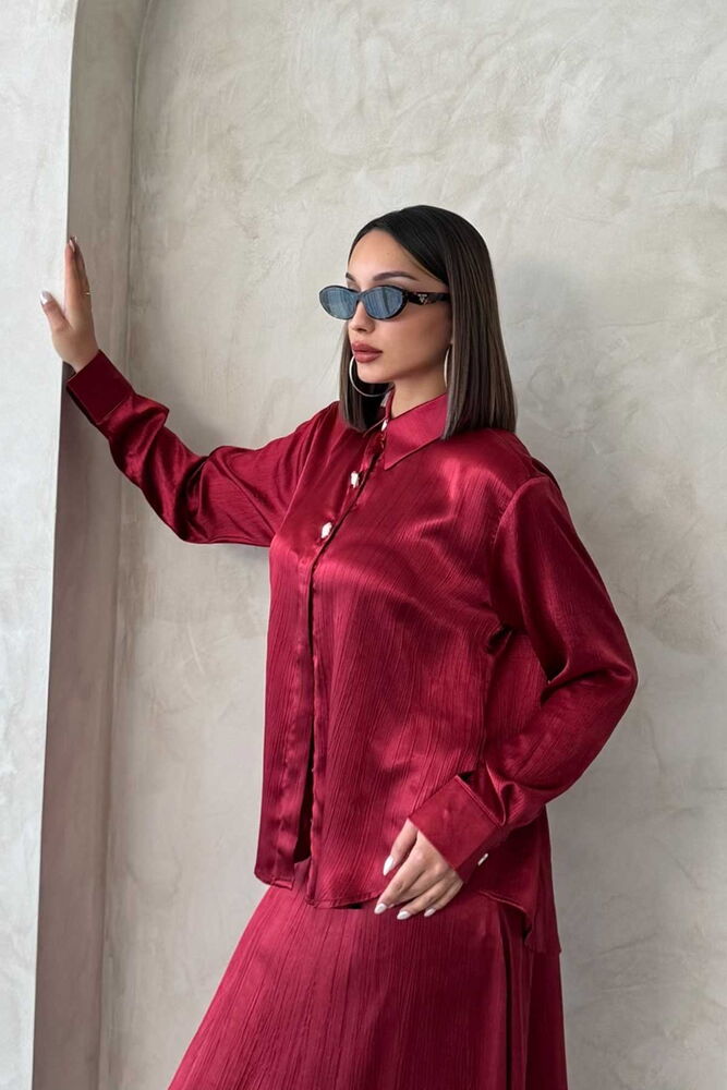 Cropped Satin Shirt - Burgundy - Producer: Topshow - Wholesale Women Clothes - TheBS Women