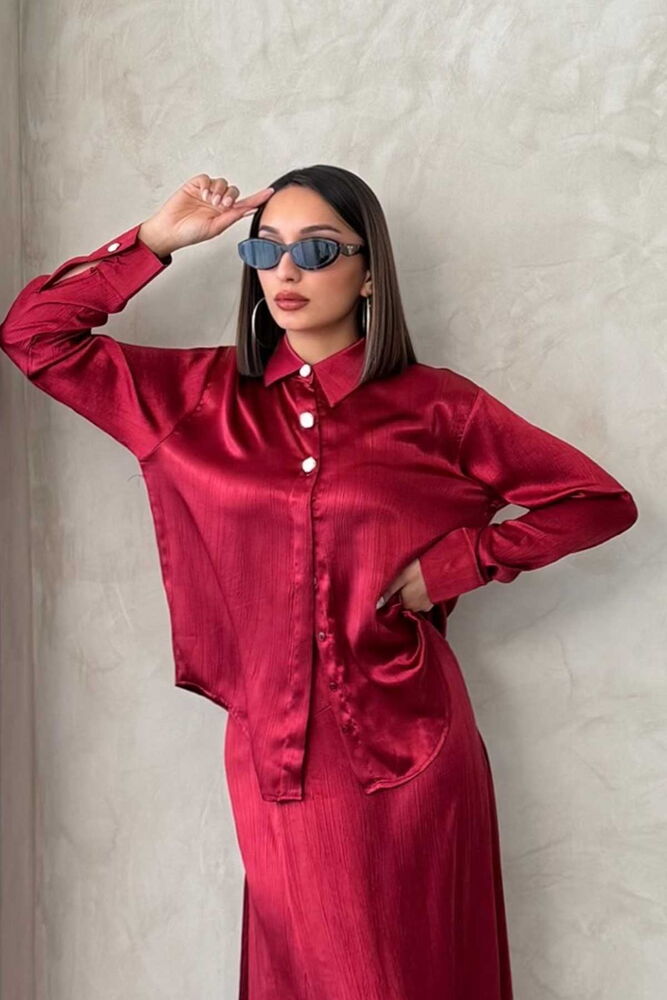 Cropped Satin Shirt - Burgundy - Producer: Topshow - Wholesale Women Clothes - TheBS Women