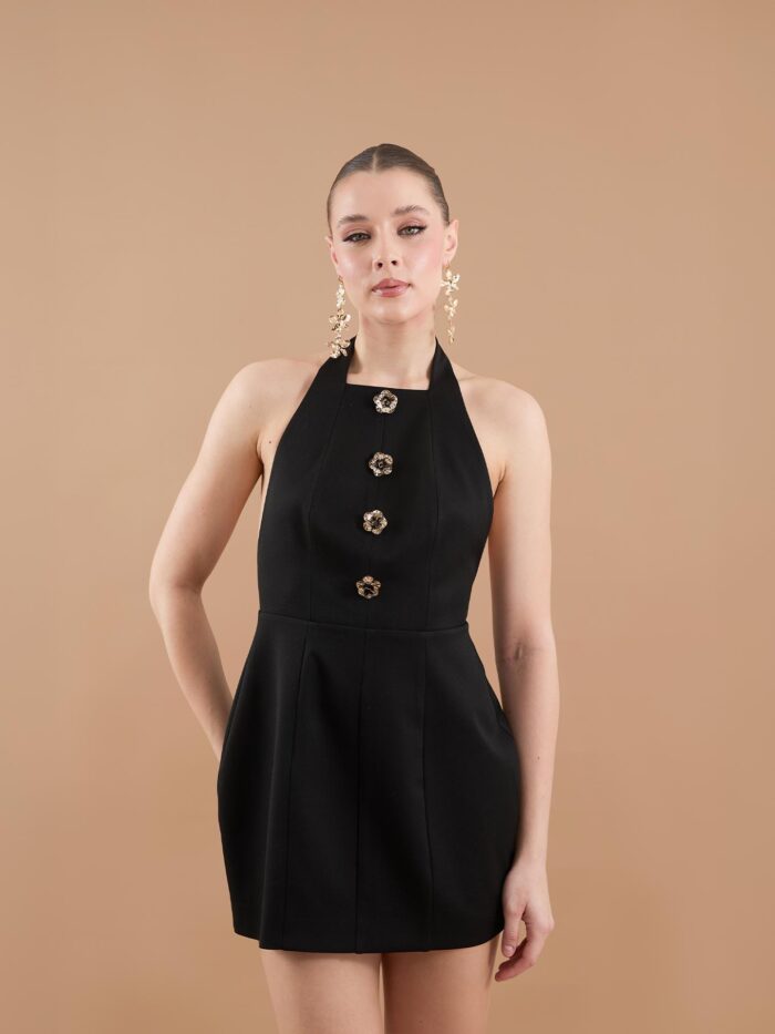 Floral Button Detail Halter Collar Mini Dress Black - Producer: Juste - Wholesale Women Clothes - TheBS Women