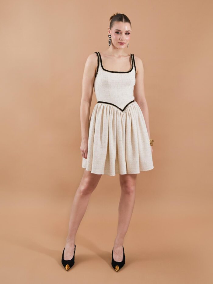 Tweed Strap Detail Mini Dress Beige - Producer: Juste - Wholesale Women Clothes - TheBS Women