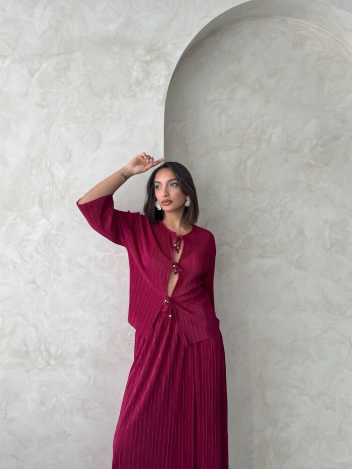 Front Tie Pleated Jacket - Burgundy - Producer: Topshow - Wholesale Women Clothes - TheBS Women