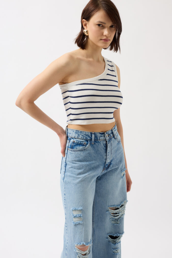One Shoulder Striped Crop -- Navy - Producer: Black Fashion - Wholesale Women Clothes - TheBS Women