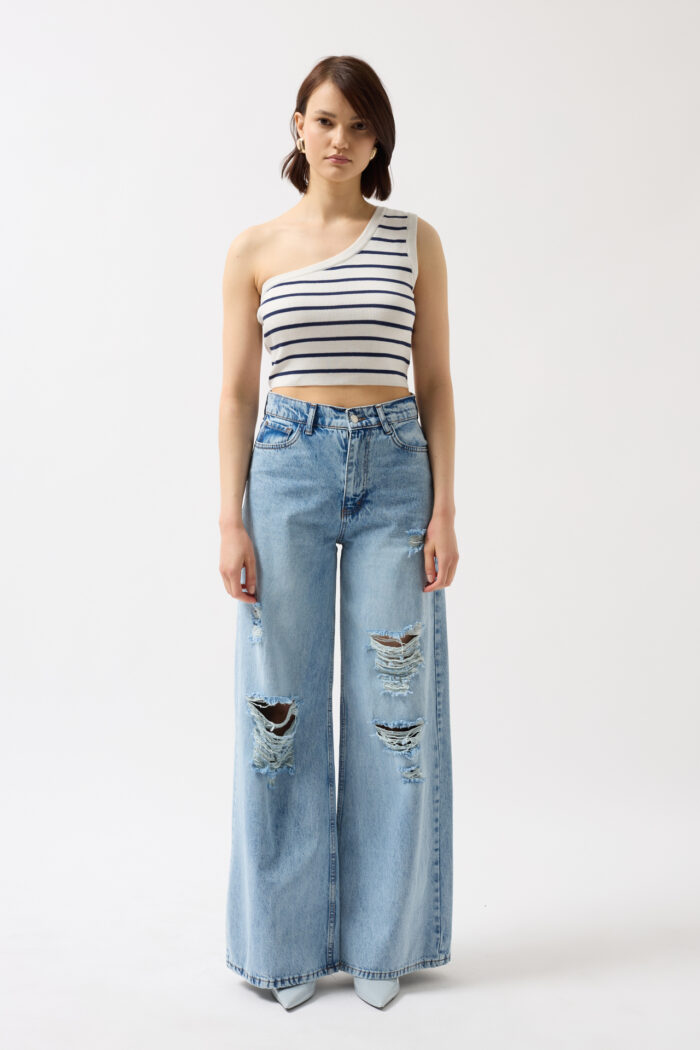 One Shoulder Striped Crop -- Navy - Producer: Black Fashion - Wholesale Women Clothes - TheBS Women