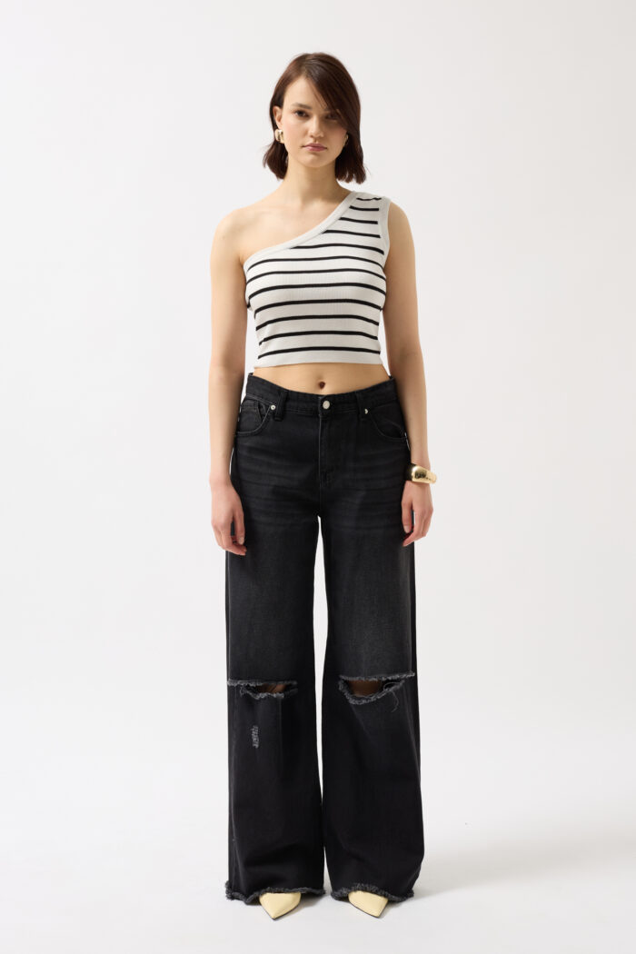 One Shoulder Striped Crop -- Black - Producer: Black Fashion - Wholesale Women Clothes - TheBS Women
