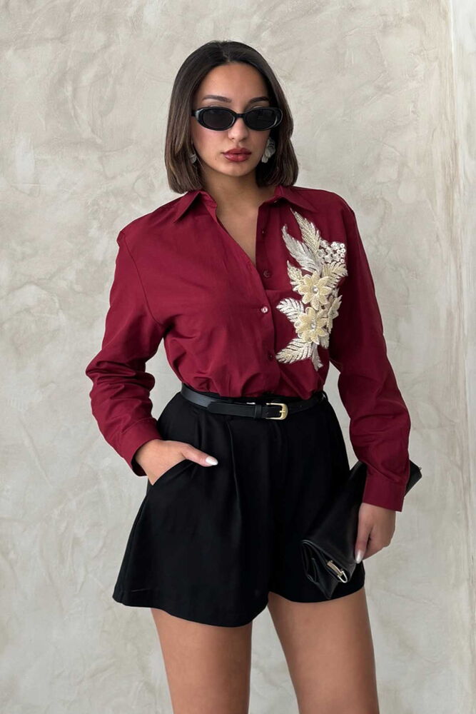 Floral Detailed Shirt - Burgundy - Producer: Topshow - Wholesale Women Clothes - TheBS Women
