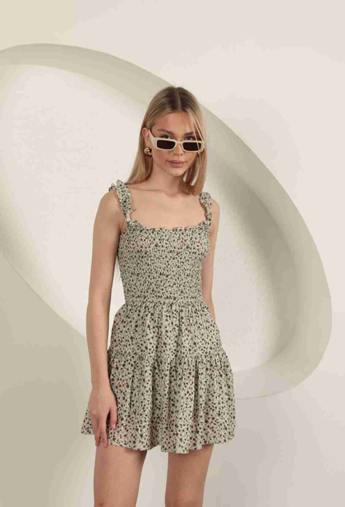Viscose Crispy Floral Pattern Dress-Beige - Brand: Maxi Modena - Women & Kids, Baby Clothes Wholesale - TheBS Women