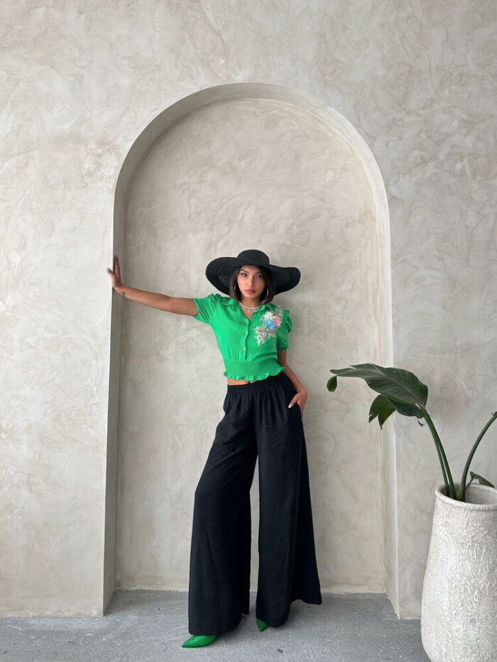 Fıstık D 2651 Linen Shirt With Flowers On The Chest - Producer: Topshow - Wholesale Women Clothes - TheBS Women