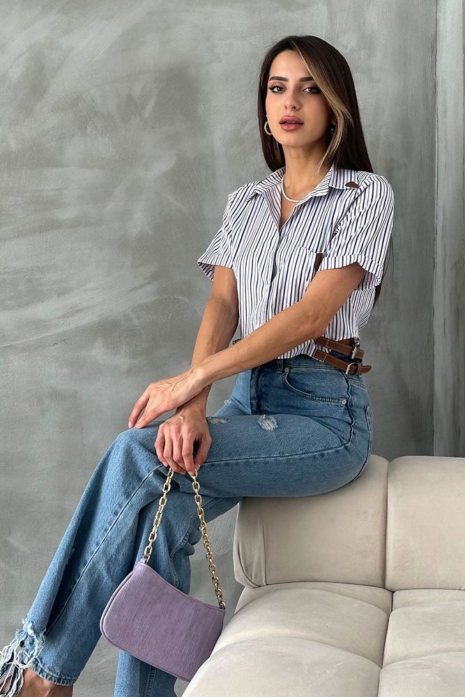 Mixed Belt Detailed Striped Shirt - Producer: Topshow - Wholesale Women Clothes - TheBS Women