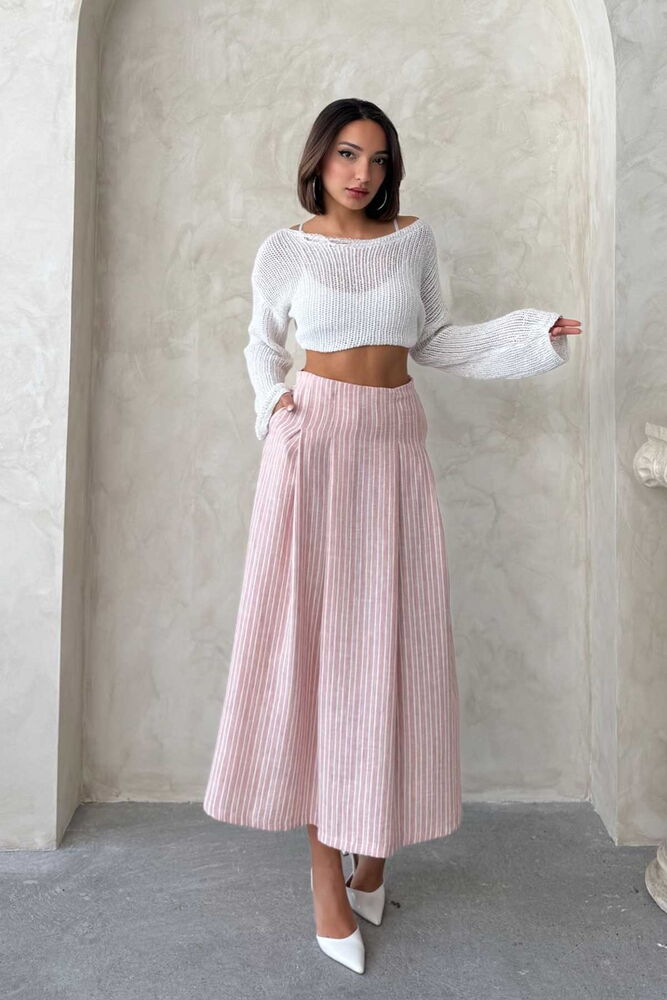 Striped Linen Skirt - Powder - Producer: Topshow - Wholesale Women Clothes - TheBS Women