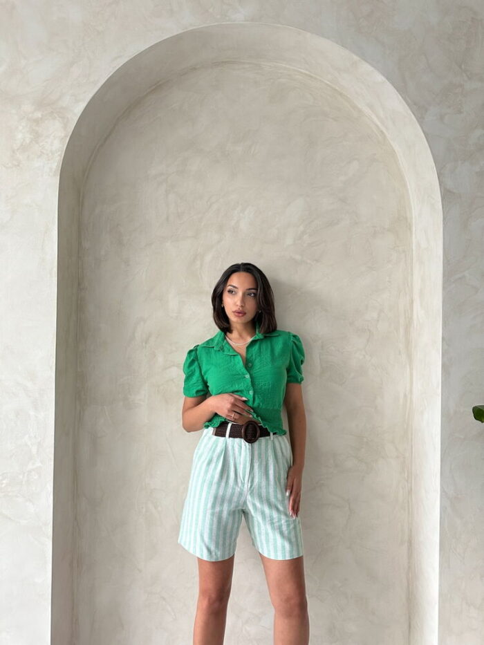 Çağla Striped Belted Linen Wholesale Shorts - Producer: Topshow - Wholesale Women Clothes - TheBS Women