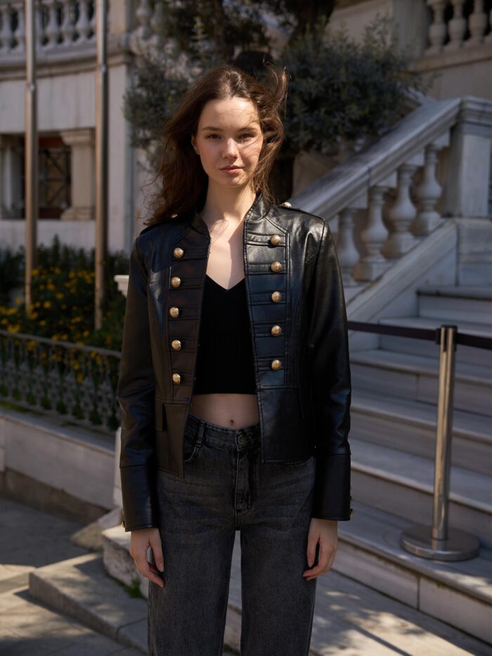 Gold Button Detailed Leather Jacket Black - Producer: Juste - Wholesale Women Clothes - TheBS Women